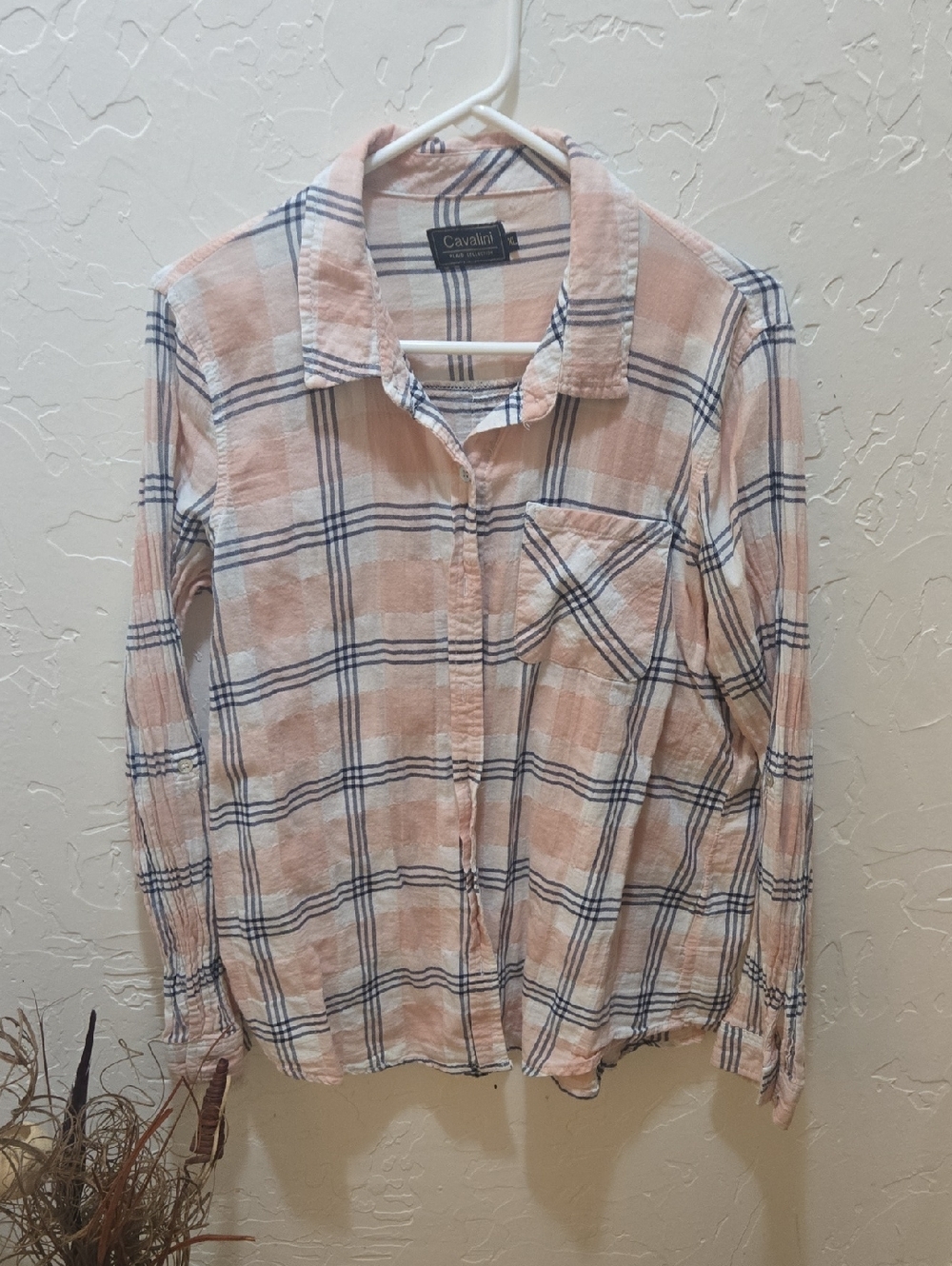 3/$10 Cavalini Checkered Shirt in Peach and Navy